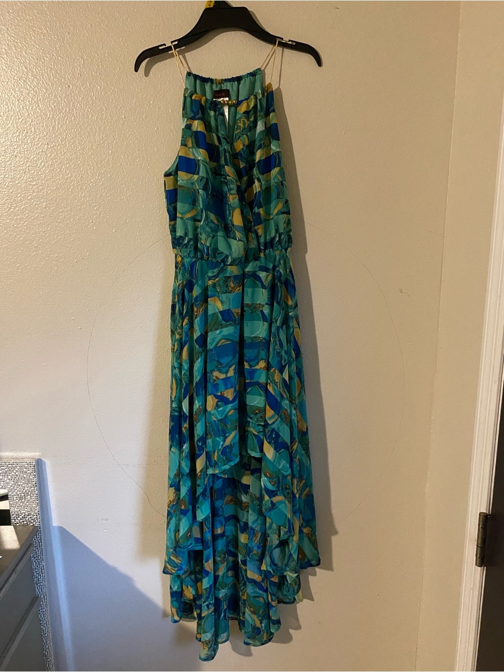 mark. Teal and Blue Patterned High-Low Maxi Dress